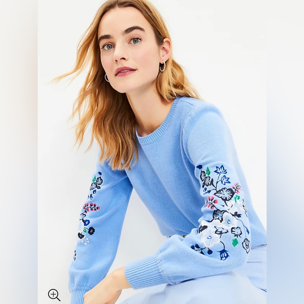 LOFT Floral Embroidered Puff Sleeve Sweater